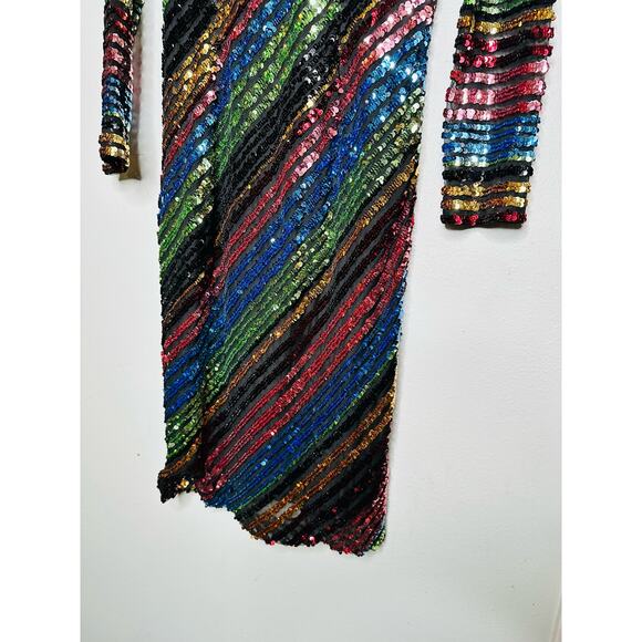 ALCOOLIQUE Peyton Tubolar Black Rainbow Stripe Sequin Mesh Backless Mini Dress10 - Picture 7 of 16